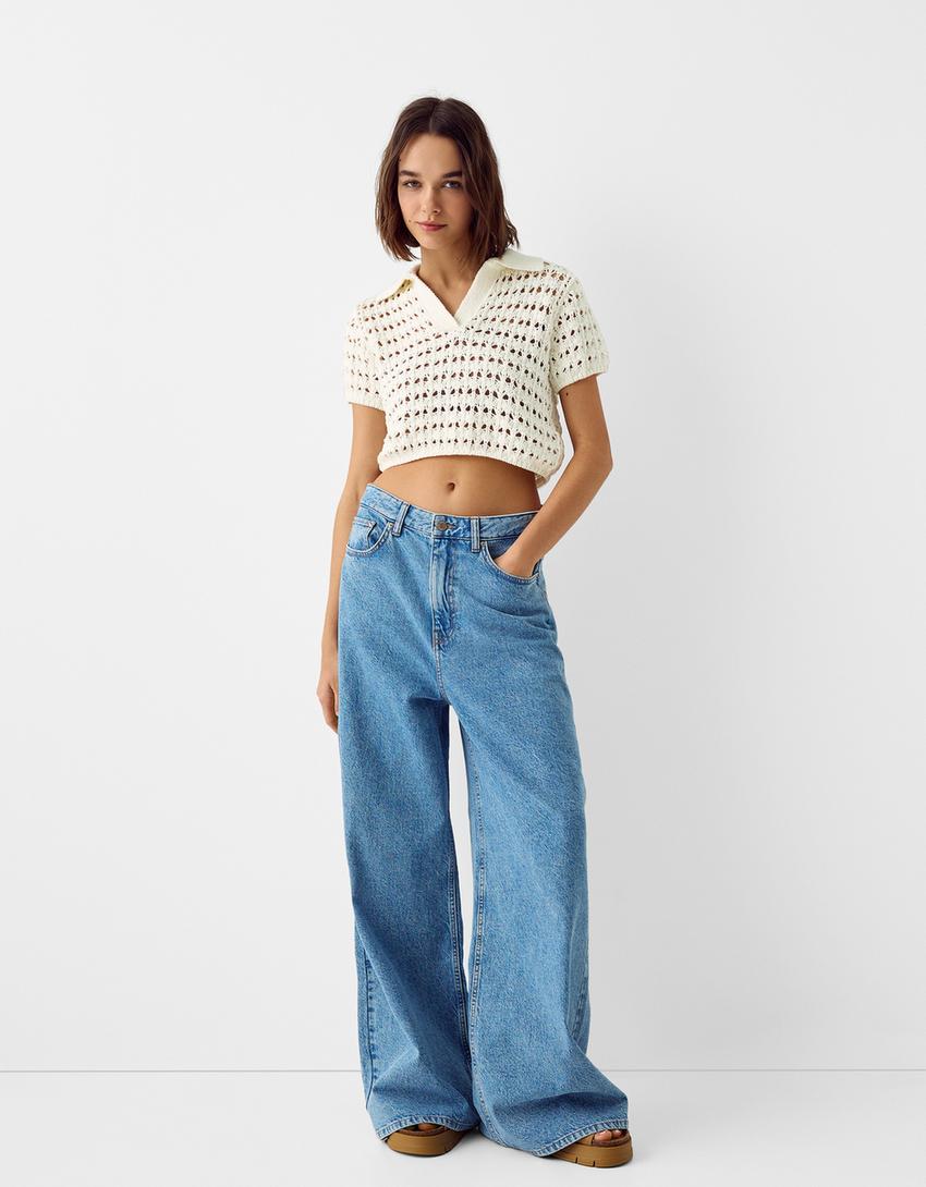 قميص ريفي بغرزة مخرمة وأكمام قصيرة-كريمي-3