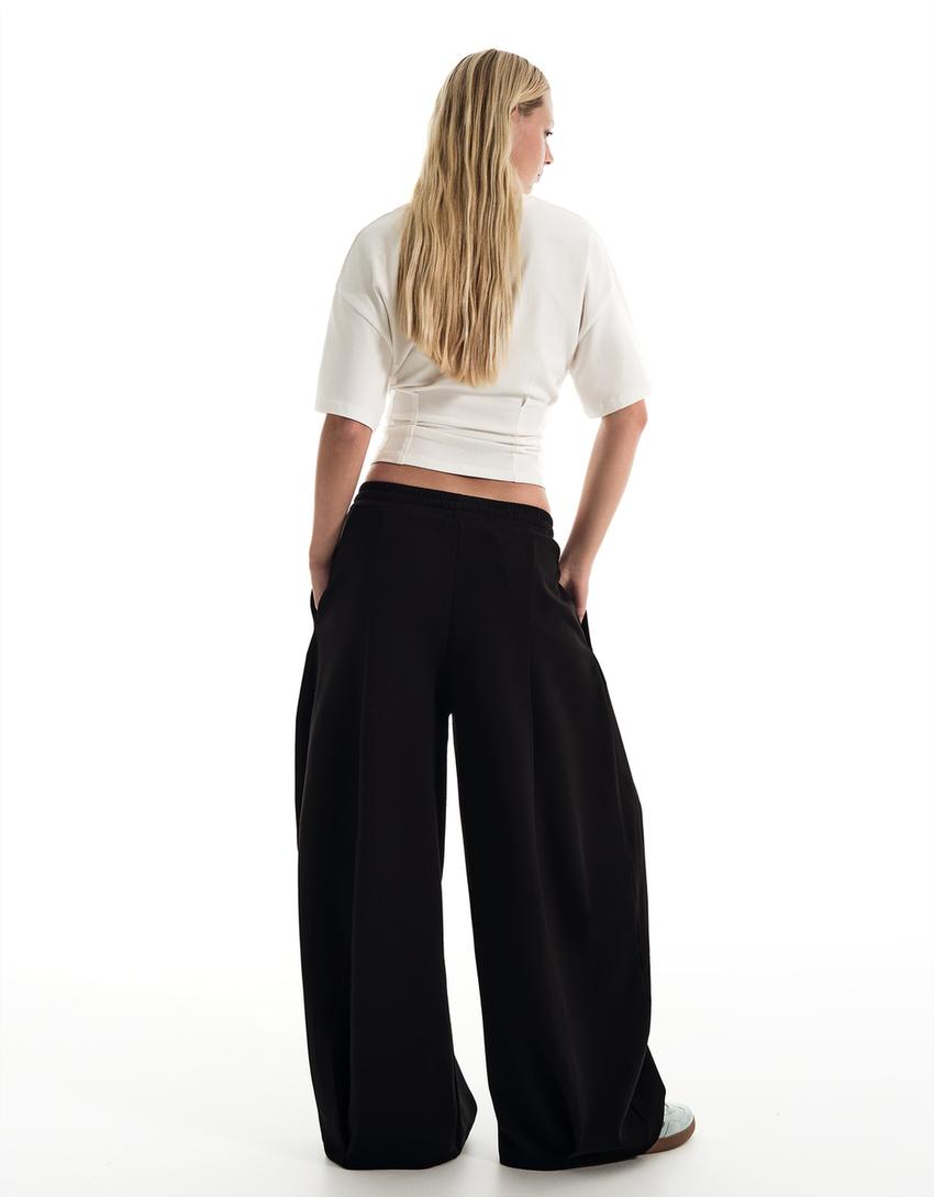 Calça de tecido sintético perna larga com perna larga-Preto