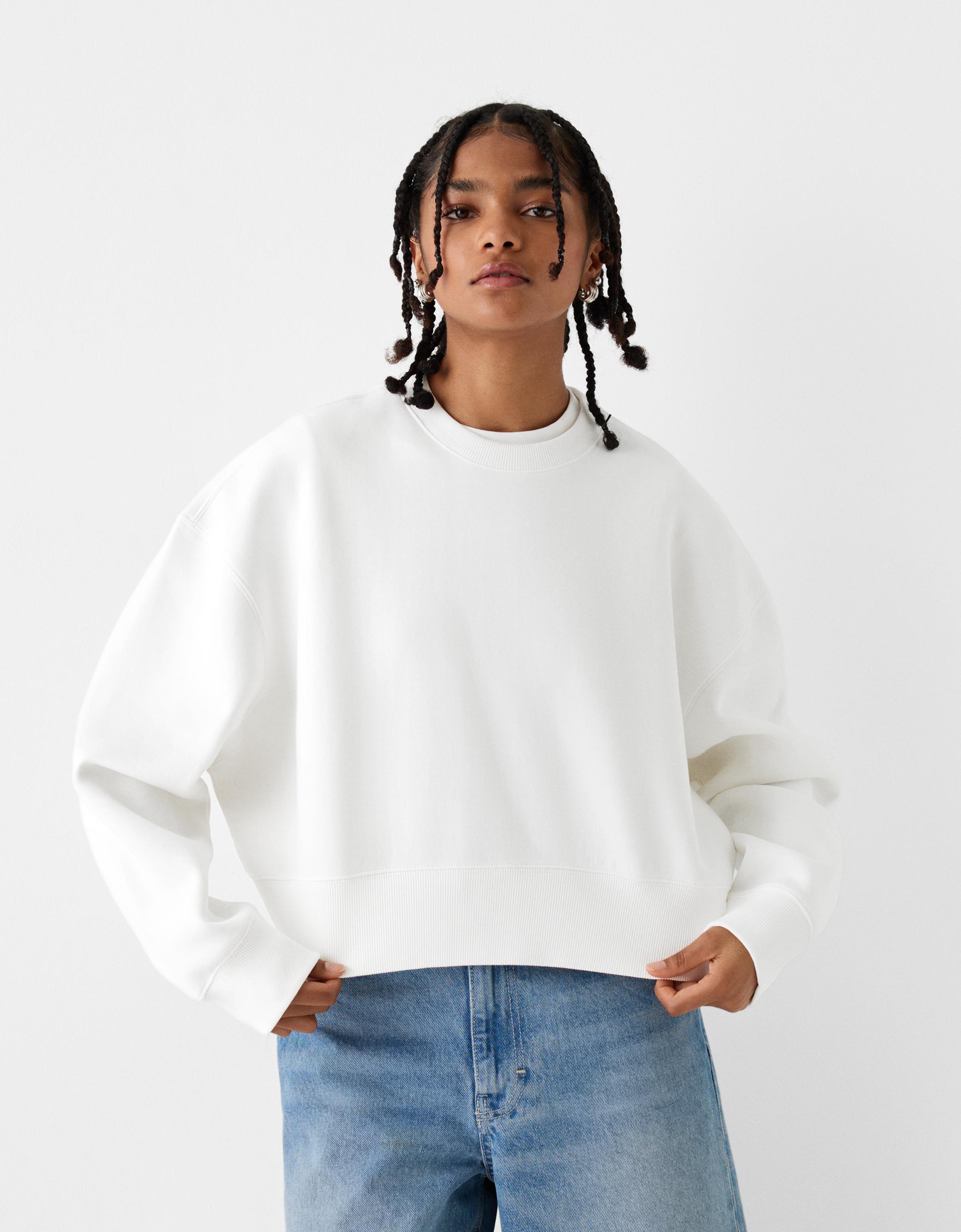 Bershka Basic-Sweatshirt Damen L Grbrochenes Weiss