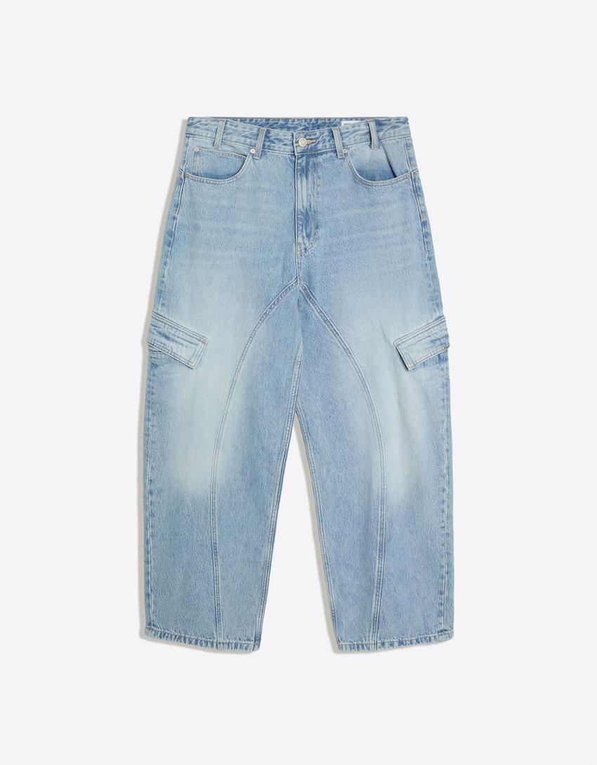 Jeans cargo barrel fit-Azzurro Chiaro