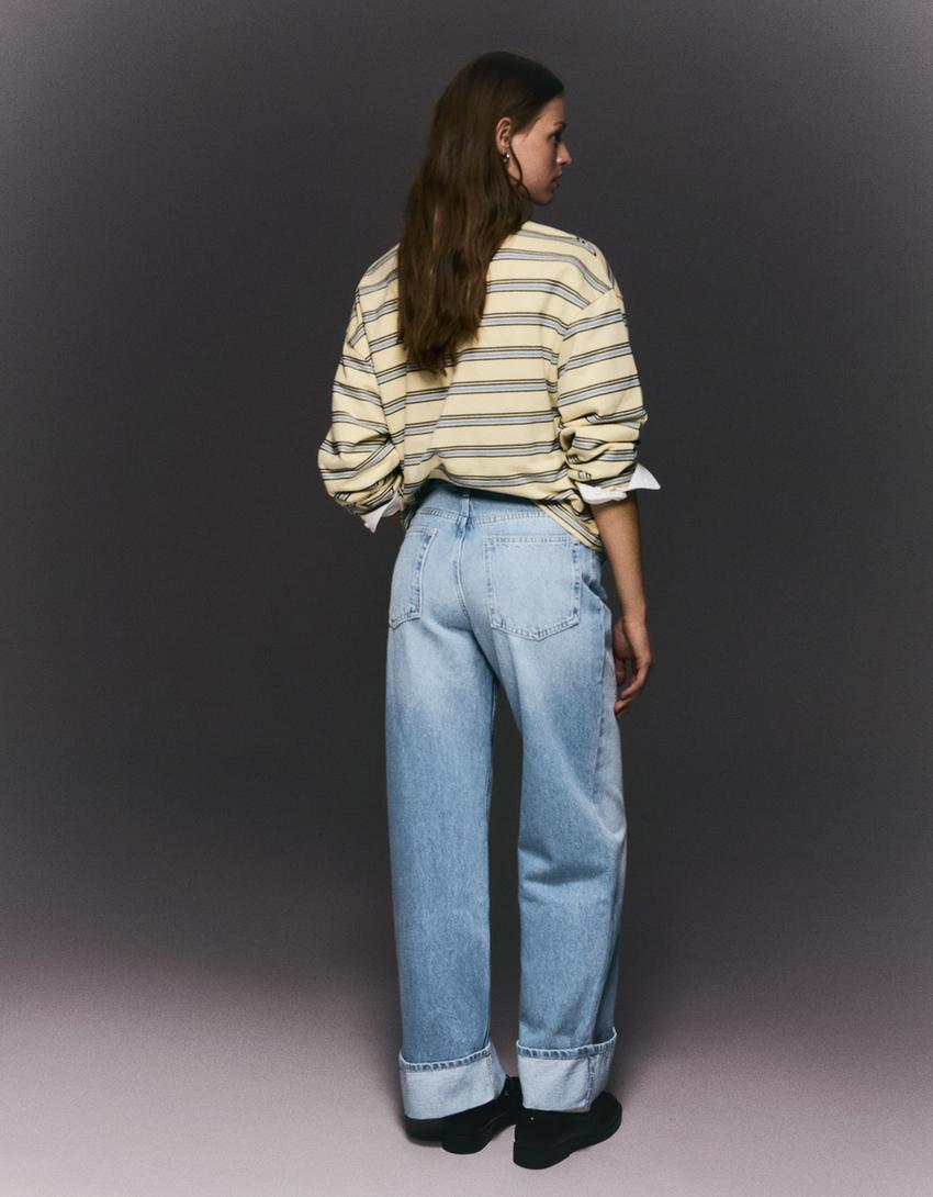 Yüksek bel straight fit geniş paça kıvrık paçalı jean-Açık mavi