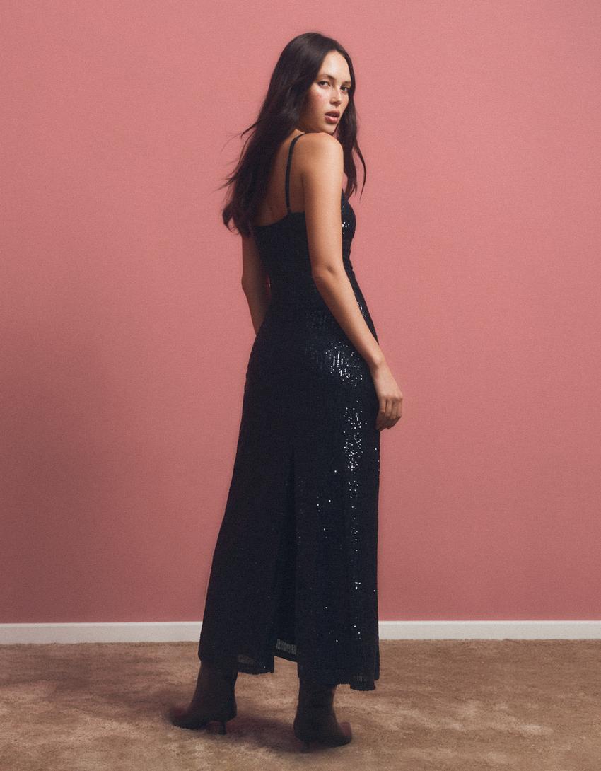 Sequinned midi dress with straps-Dark blue