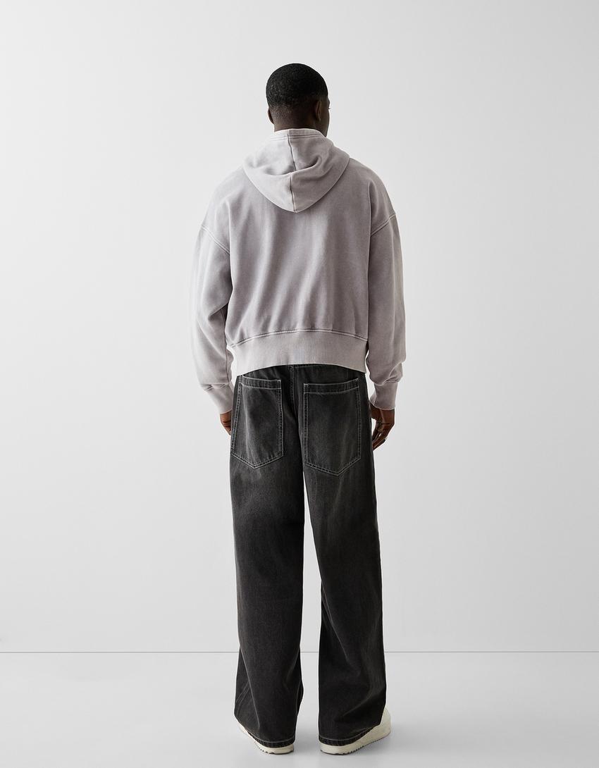 Sudadera cremallera capucha cropped efecto lavado-Gris-1