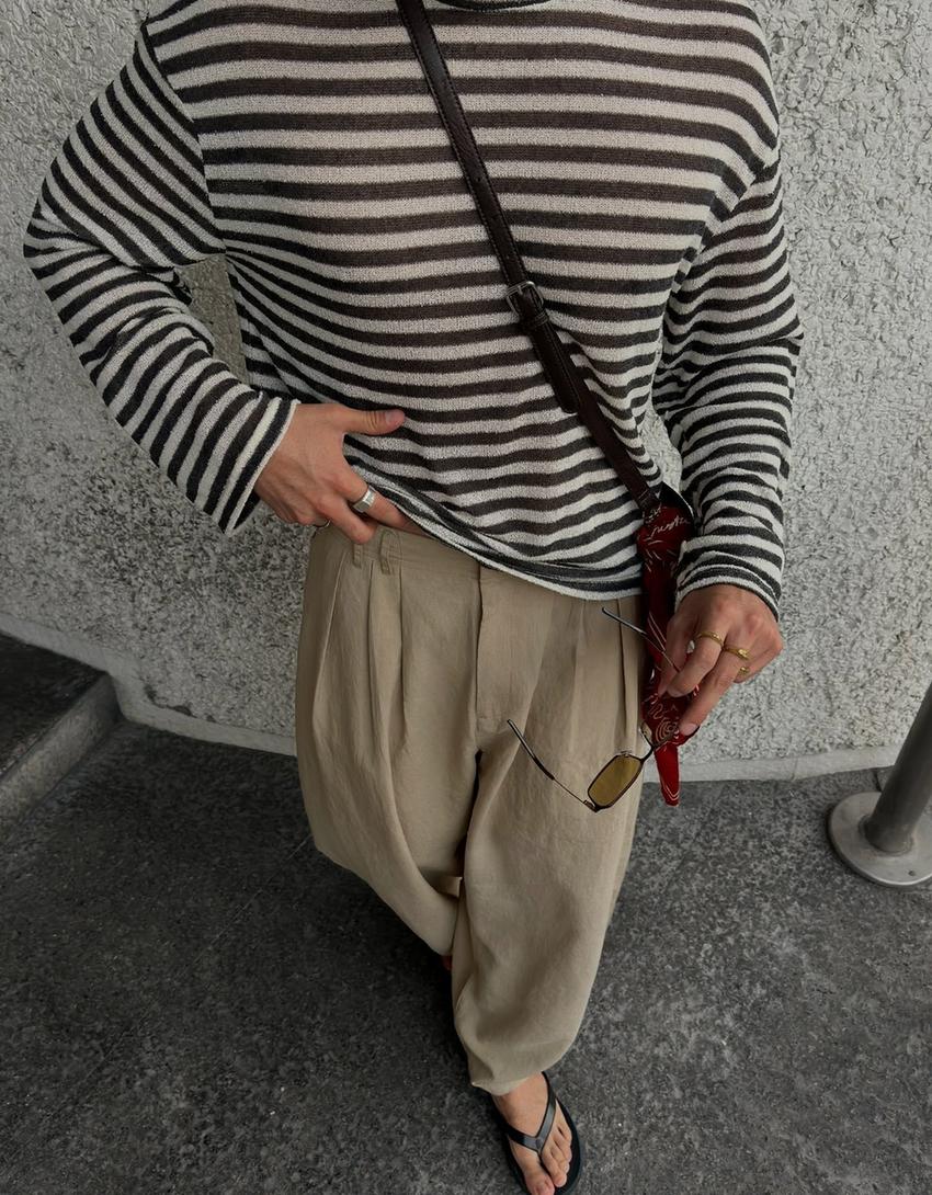 Long sleeve stripe T-shirt-Cream