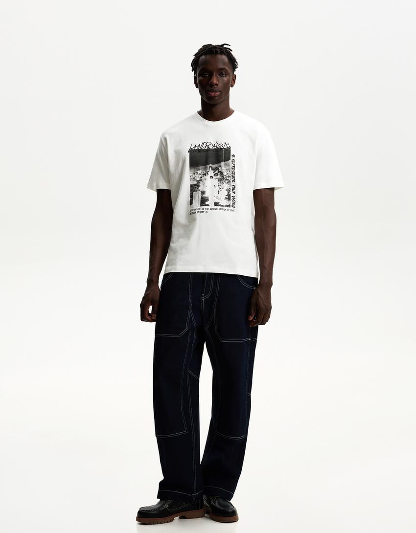 Tricou mânecă scurtă print-Alb-3
