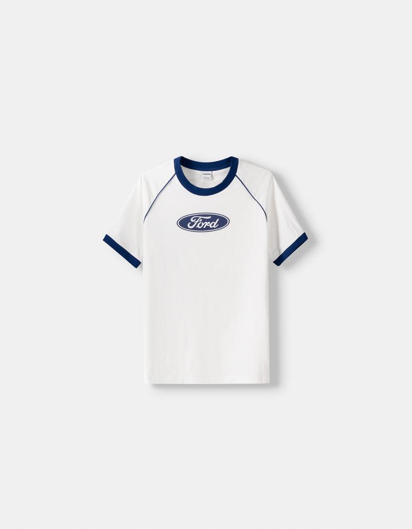 تيشرت قصير بقصة مربعة وأكمام رغلان وطبعة فورد-أبيض-4