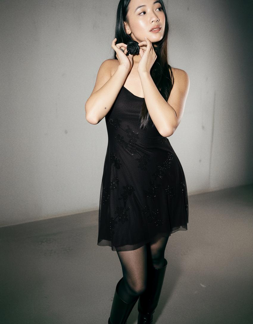 Mini strappy tulle diamante dress-Black