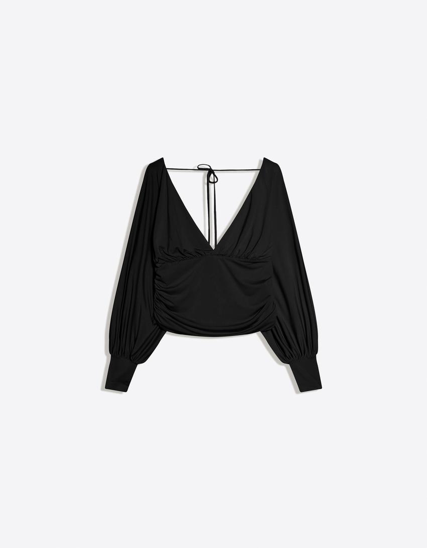 Top à manches longues froncé-Noir