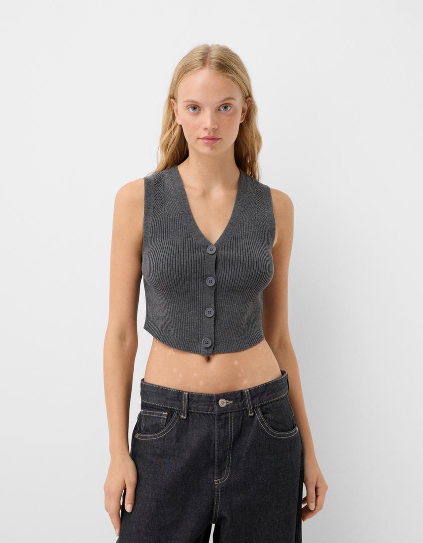 V-neck vest with buttons-Dark grey-0