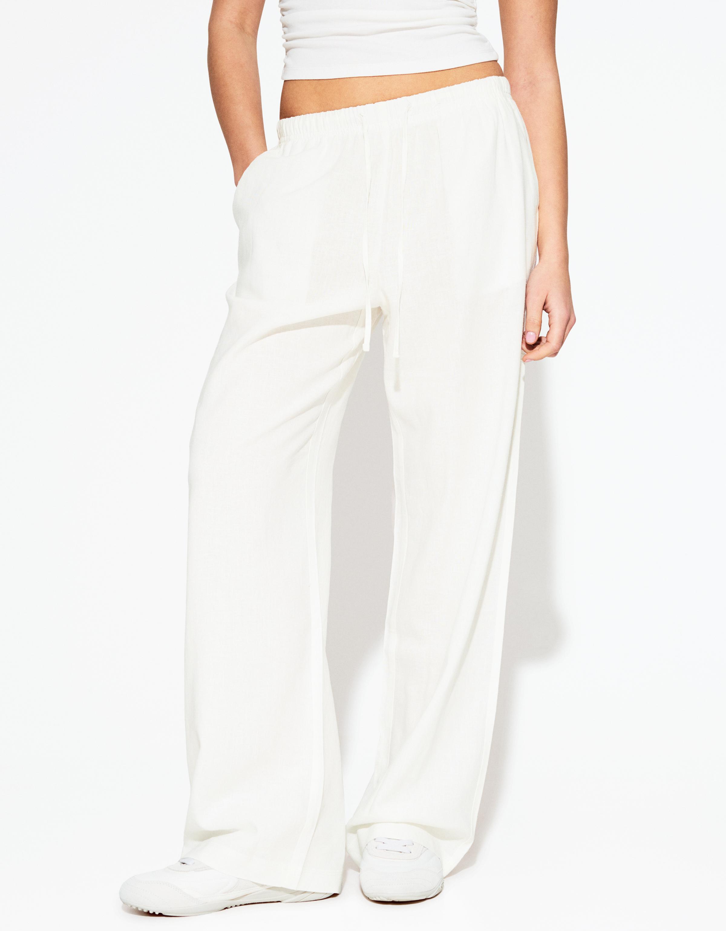 Bershka Hose Mit Leinen Und Gummizugbund Damen L Grbrochenes Weiss