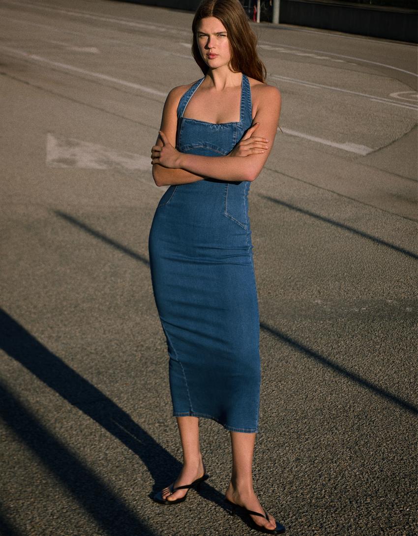 Midi denim dress - Dresses and Jumpsuits - Women | Bershka Midi denim dress - Dresses and Jumpsuits - Women | Bershka