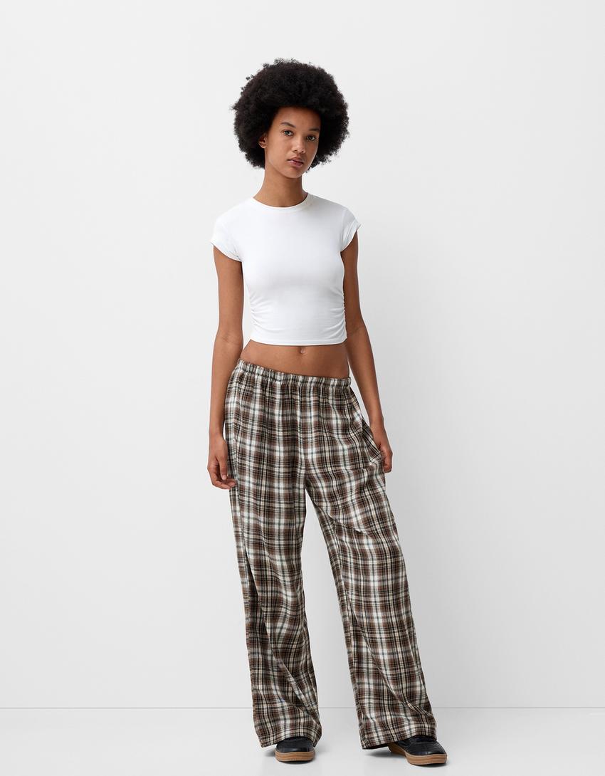 Calças direitas aos quadrados-Marrom-1