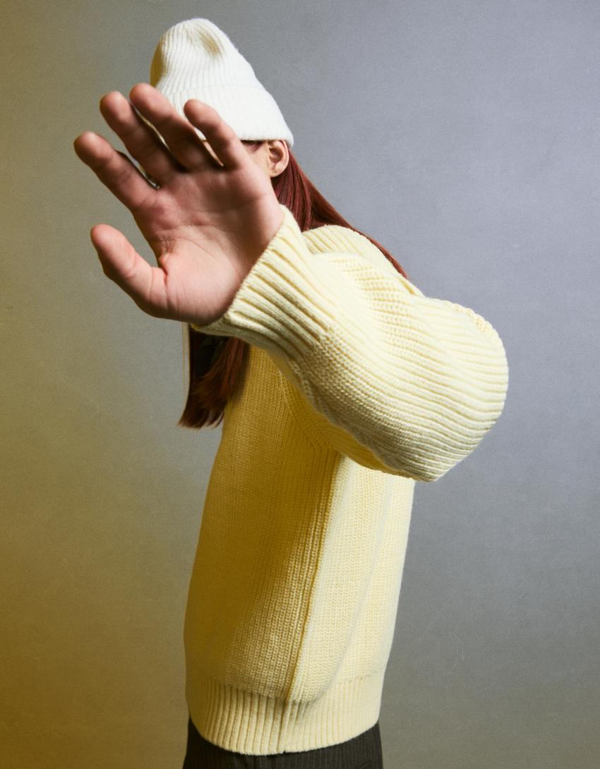 Purl knit wool blend sweater-Yellow