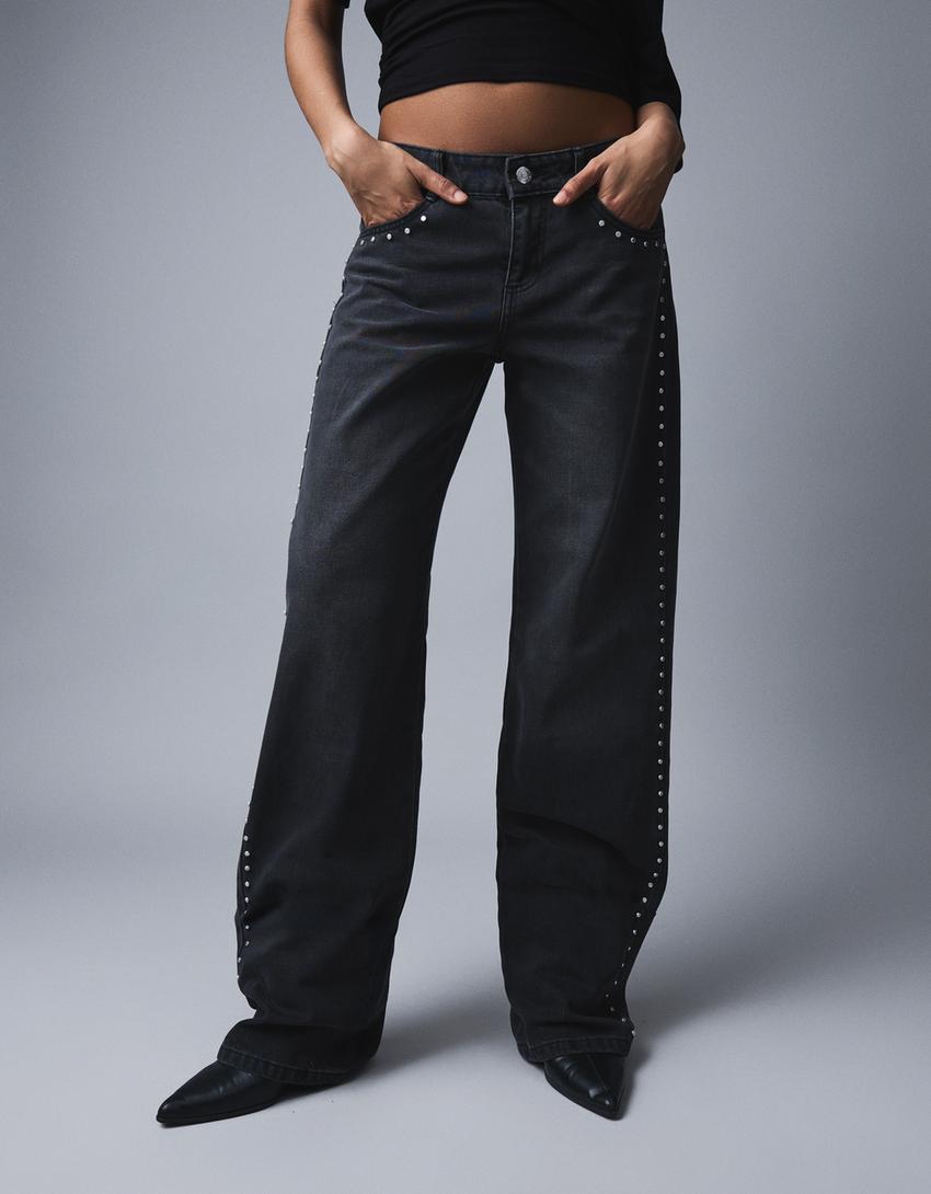 Jeans baggy tiro bajo tachas bolsillos estrellas-Negro