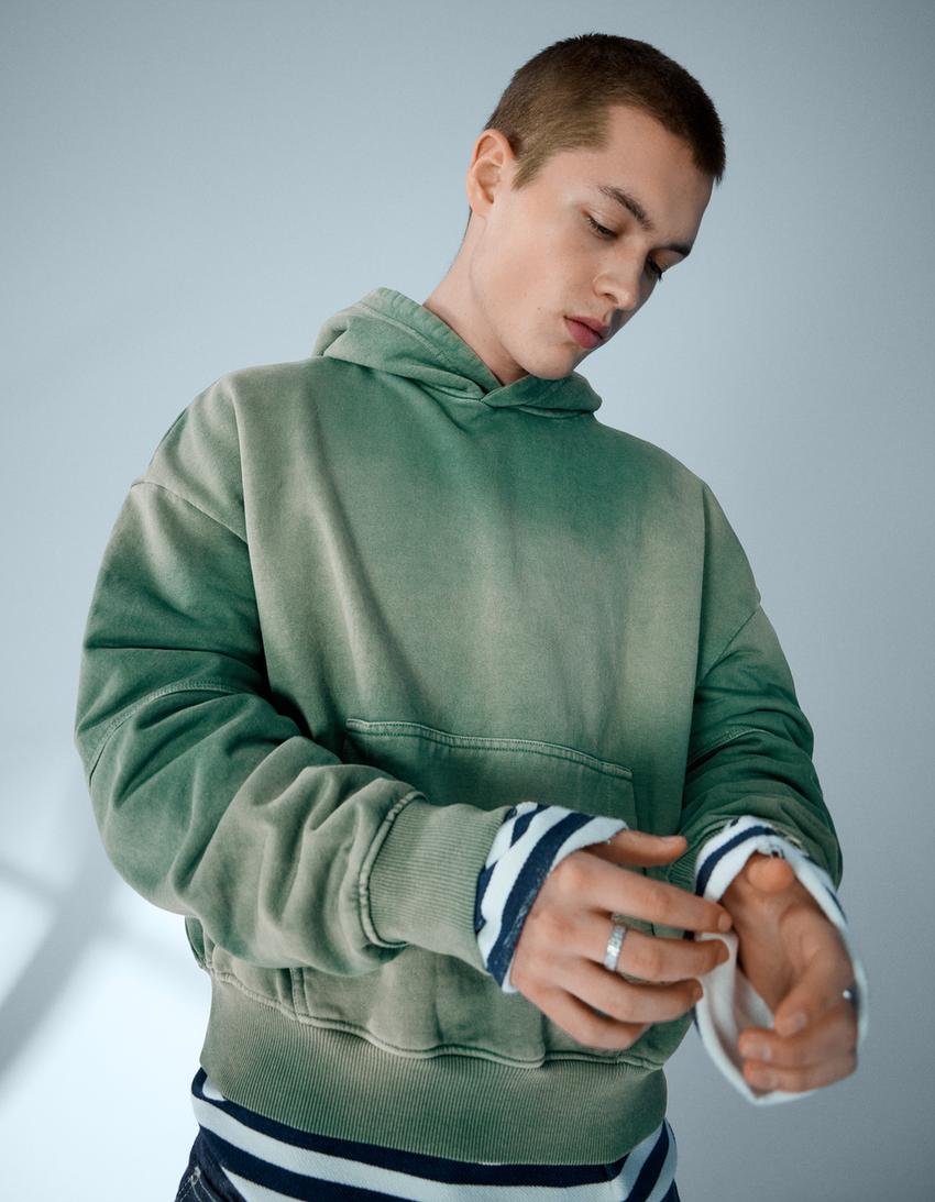 Boxy fit kapüşonlu yıkamalı sweatshirt-Yeşil