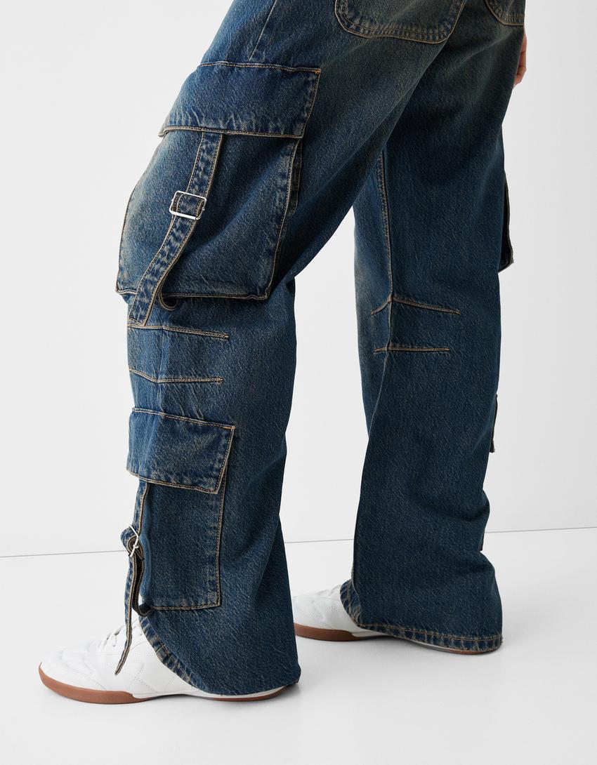 Cargo baggy jeans with straps-Blue-3