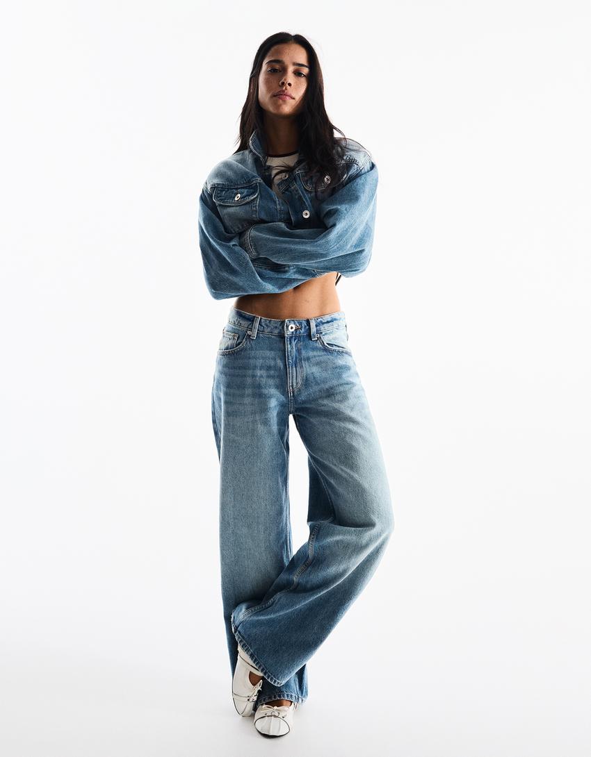 Yüksek bel straight fit geniş paça jean-Açık mavi
