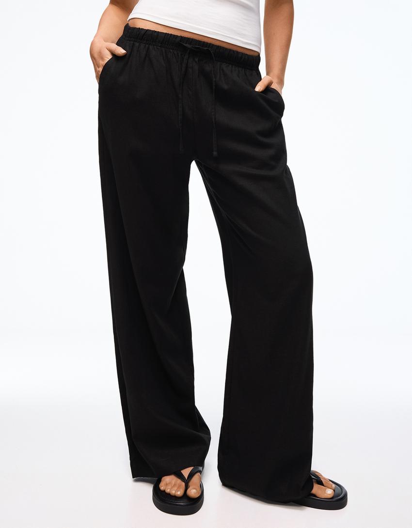 Keten görünümlü beli lastikli pantolon-Siyah
