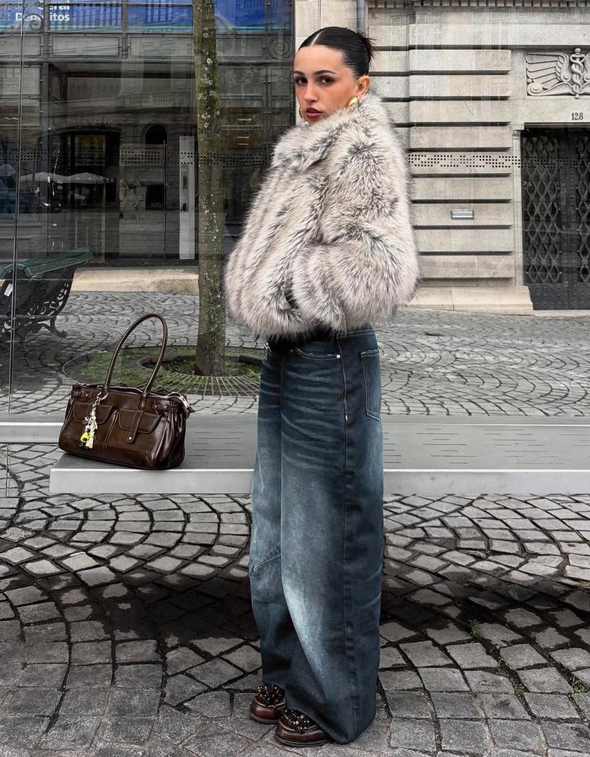 Zip-up faux fur jacket-Grey