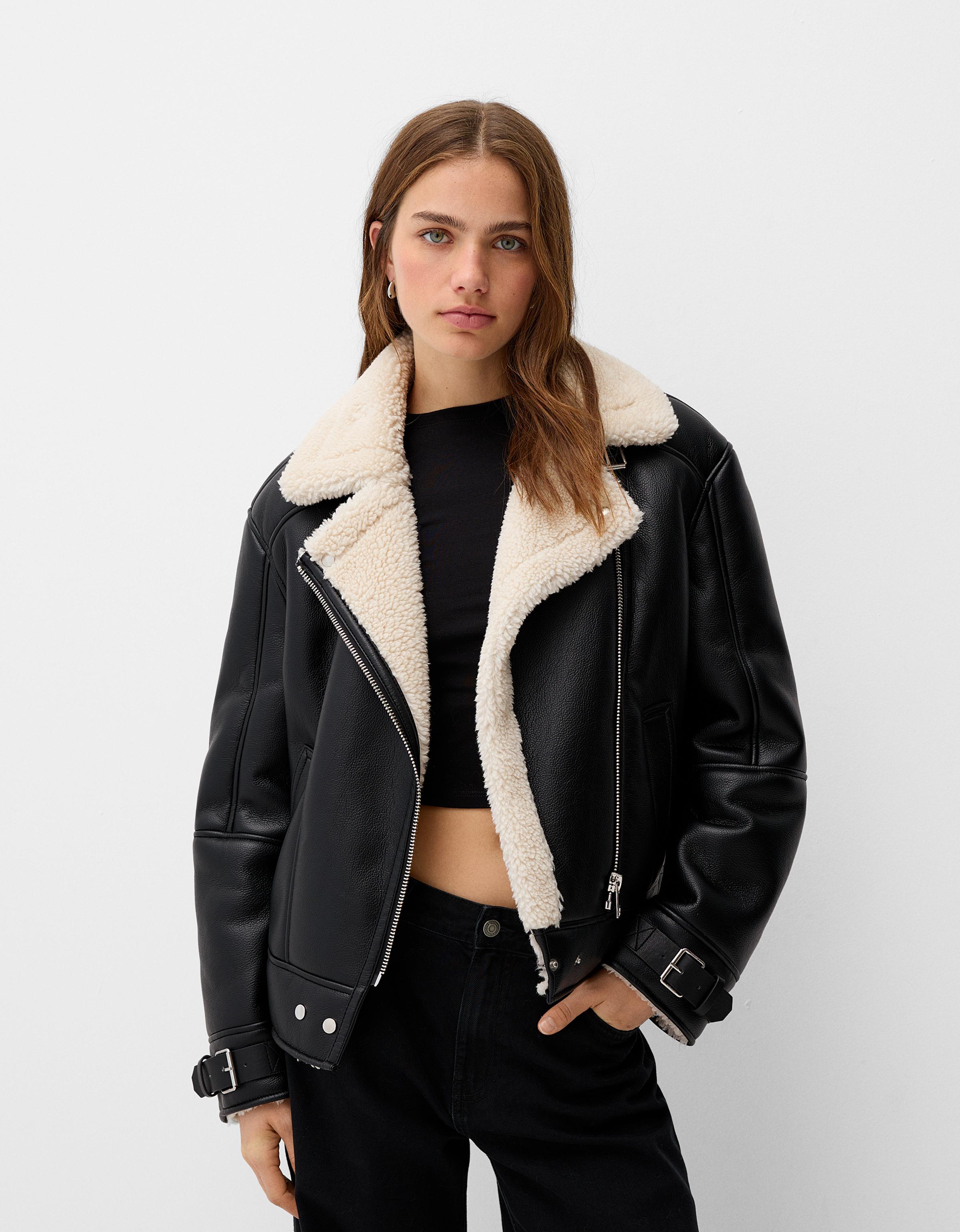 Bershka Doubleface-Bikerjacke Damen M Schwarz