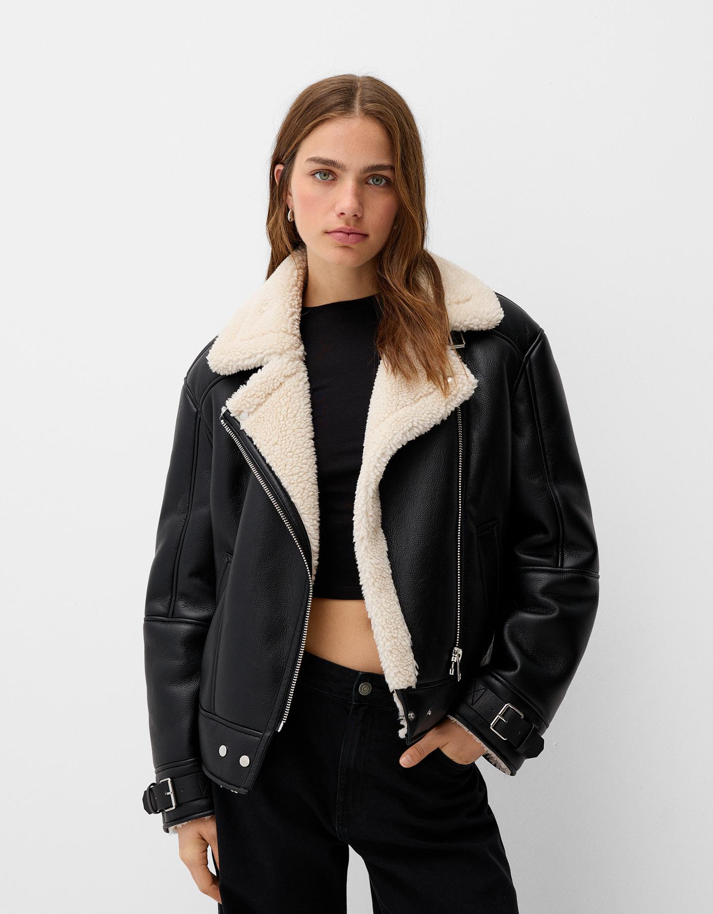 Bershka Cazadora Biker Doble Faz Mujer L Negro