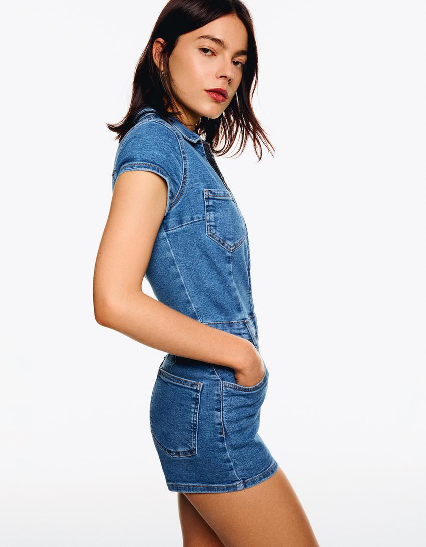 Combishort en jean-Bleu lavé