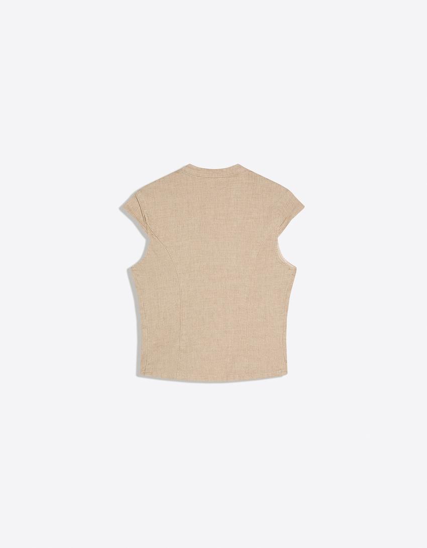 Double-breasted denim top-Camel