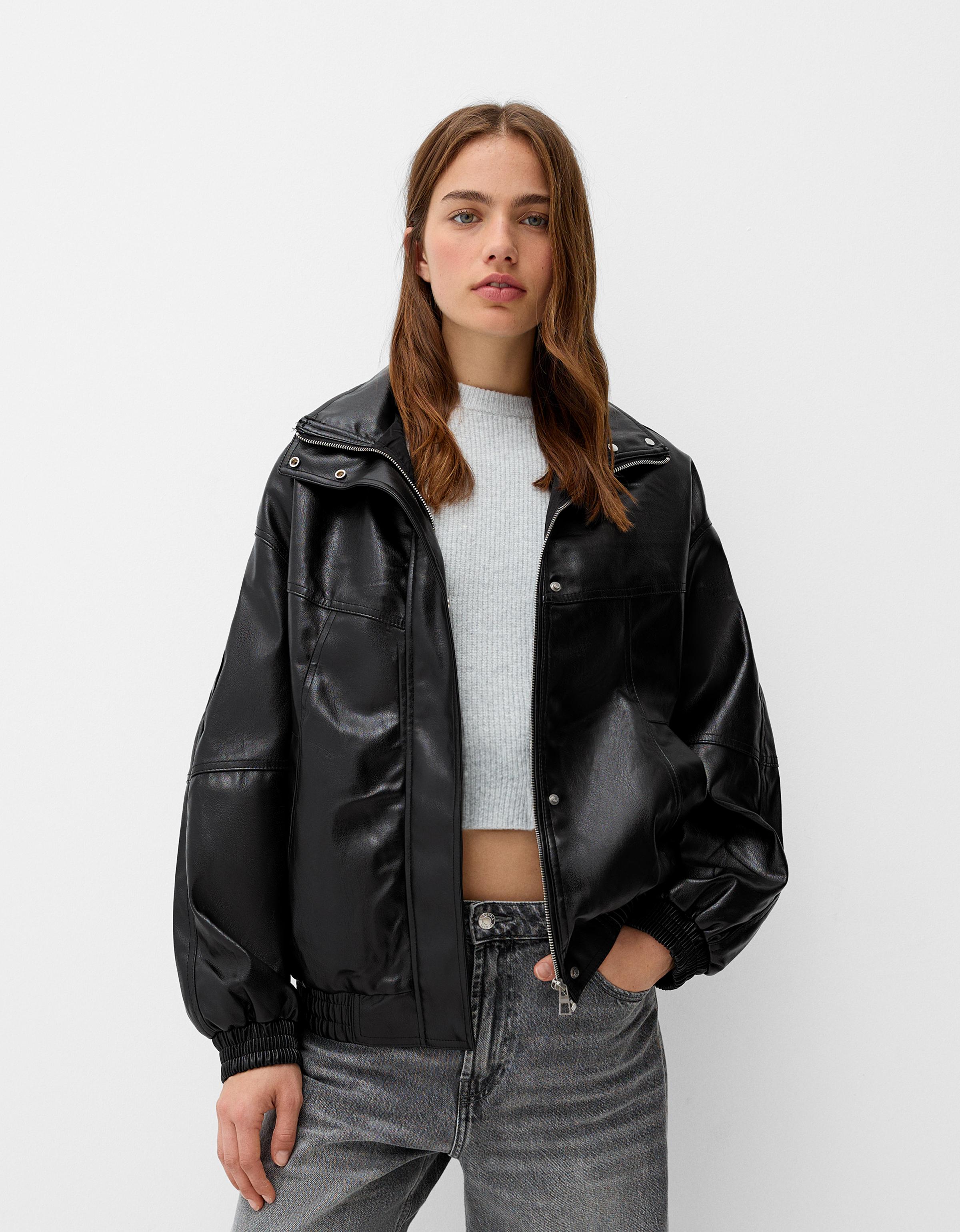 Bershka Oversize-Kunstlederjacke Damen Xs Schwarz