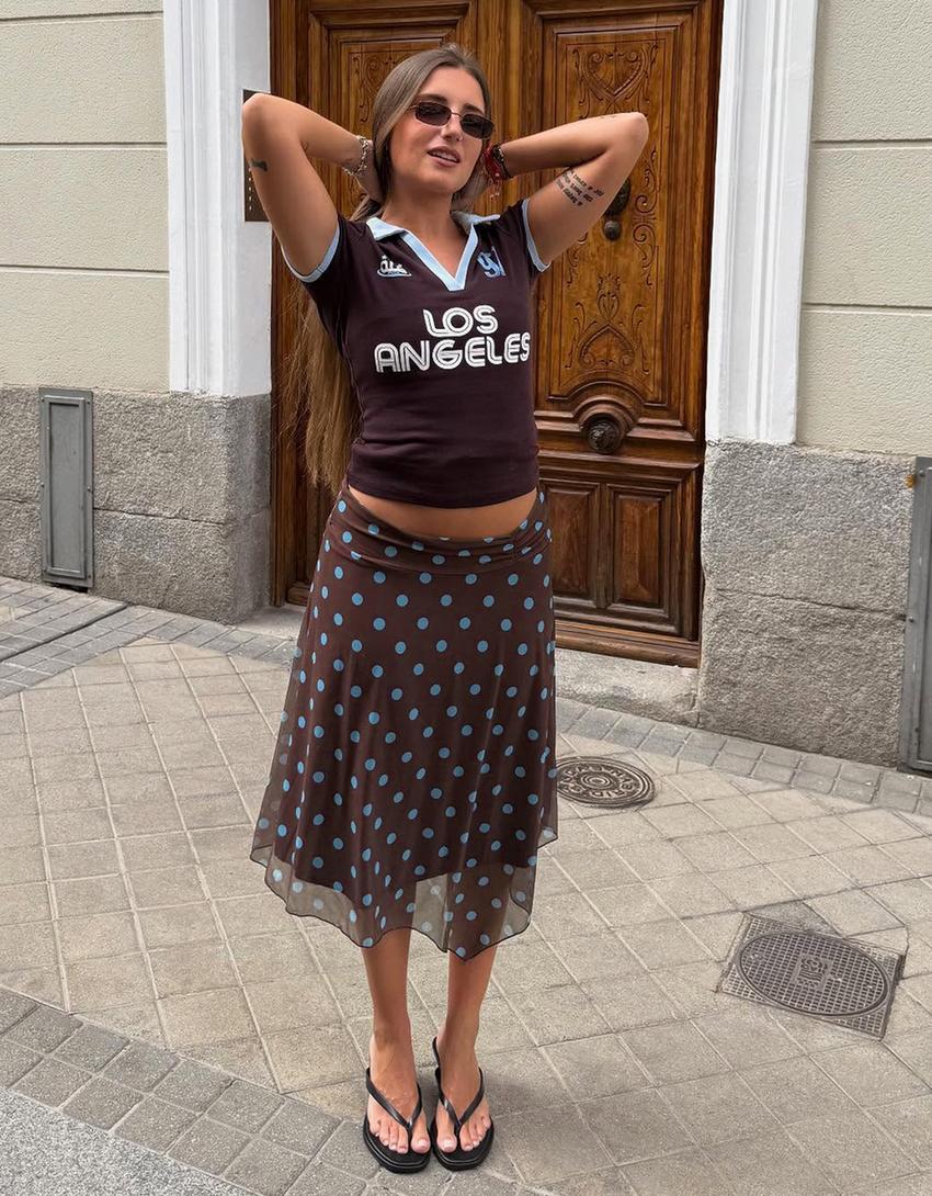 Asimetrik puantiye midi etek-Kahverengi