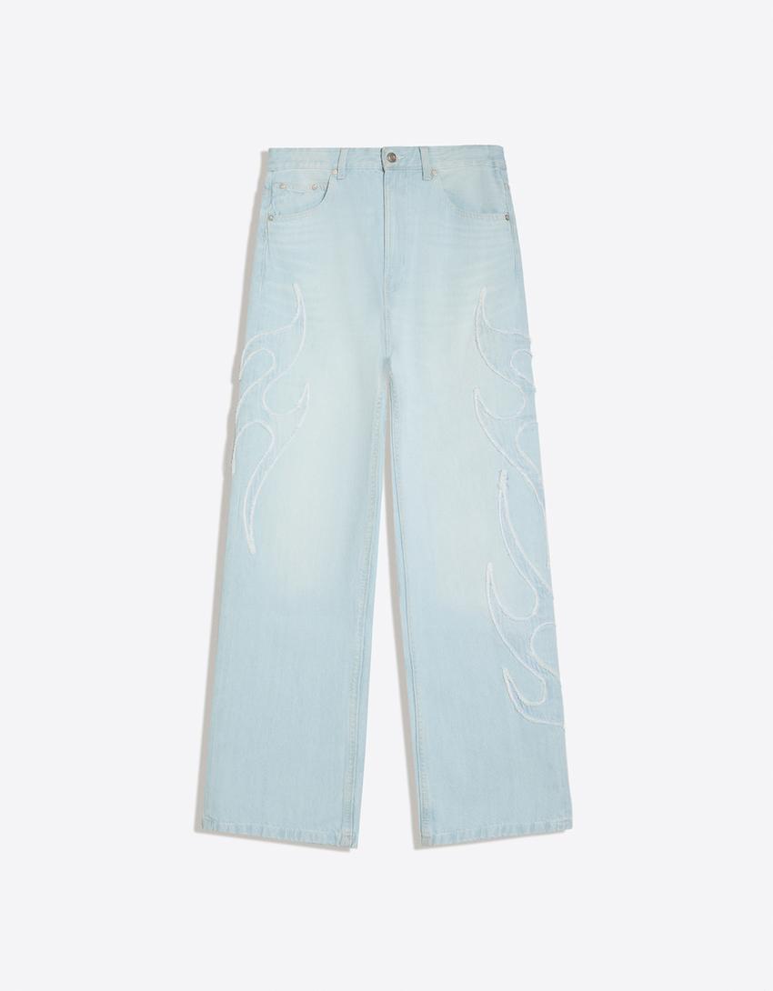 Jeans baggy fit écusson-Bleu clair
