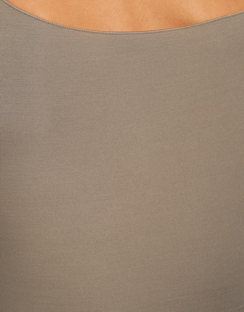 تيشرت وشاح غير متماثل بأكمام طويلة-كاكي-5