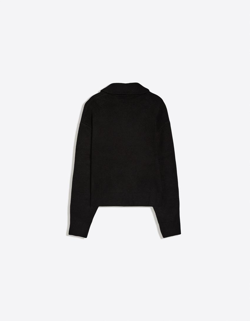 Boxy fit knit zip-up jacket-Black
