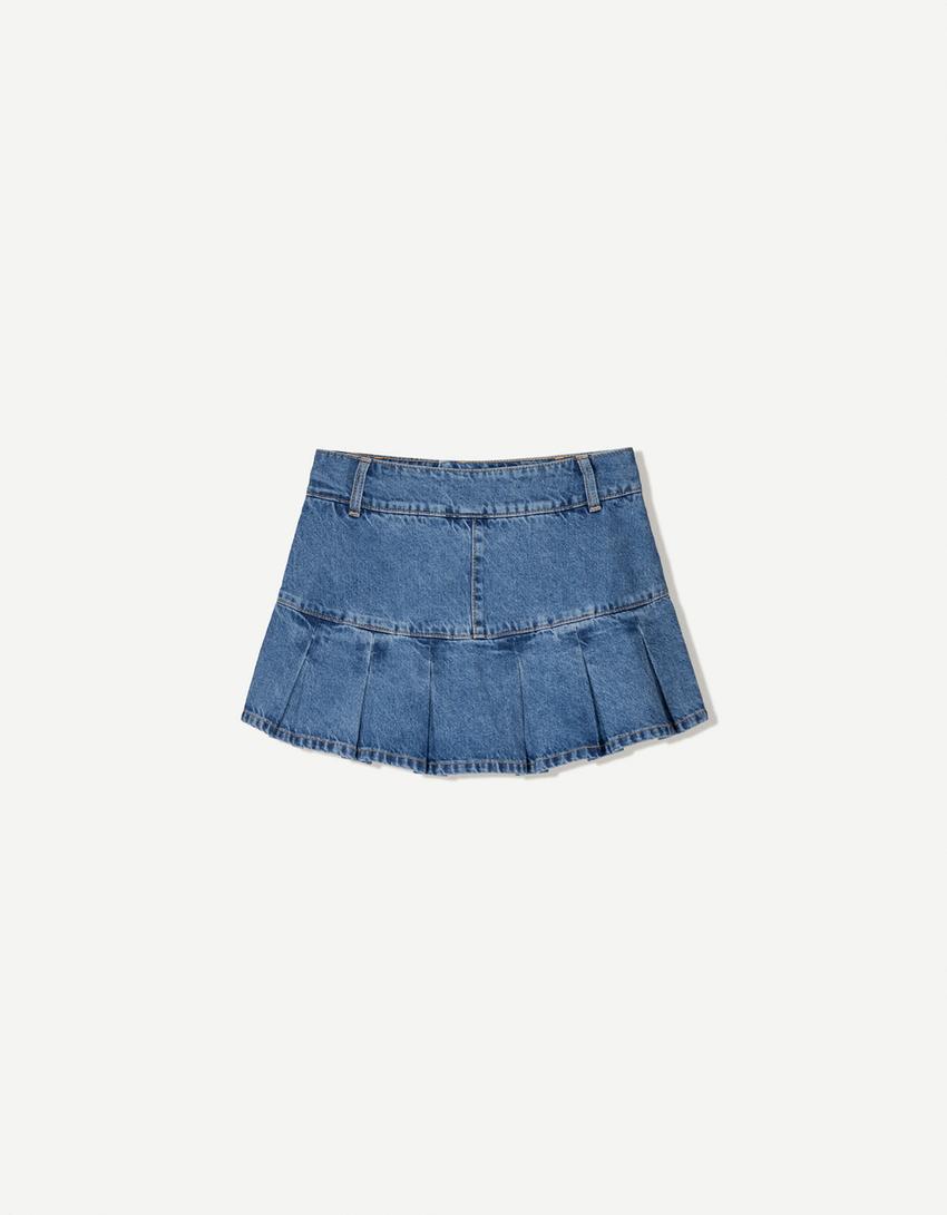 Denim box pleat mini skirt-Light blue-5