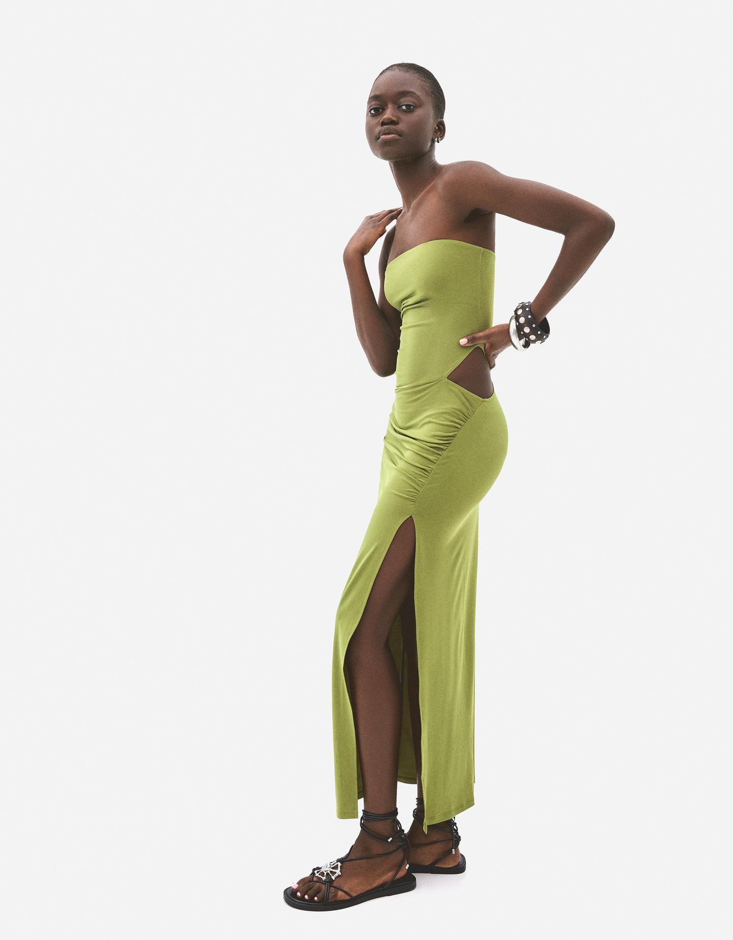 Bershka marszczona sukienka midi bandeau zielony