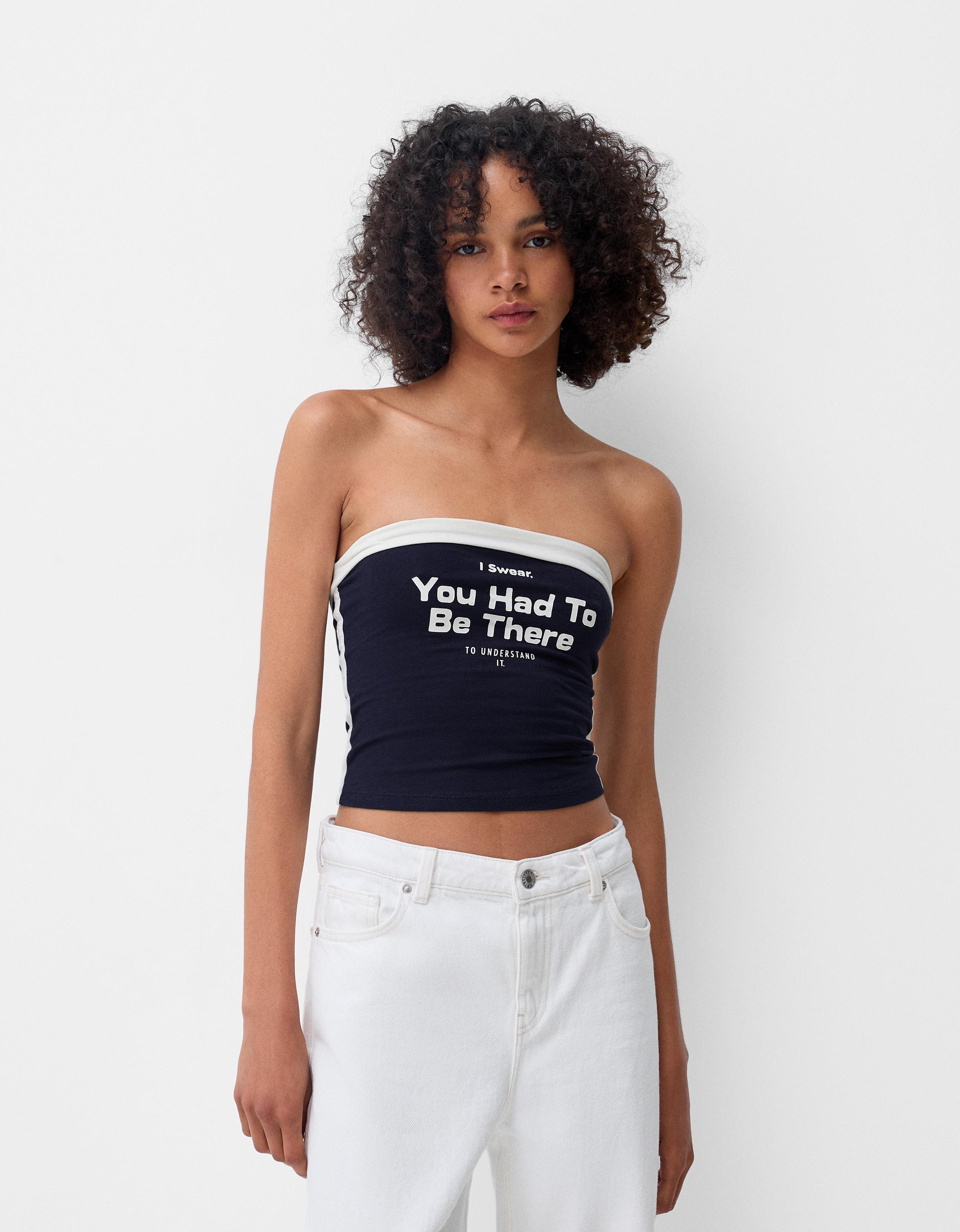 Bershka Bandeau-Top Mit Print Damen M Dunkelblau