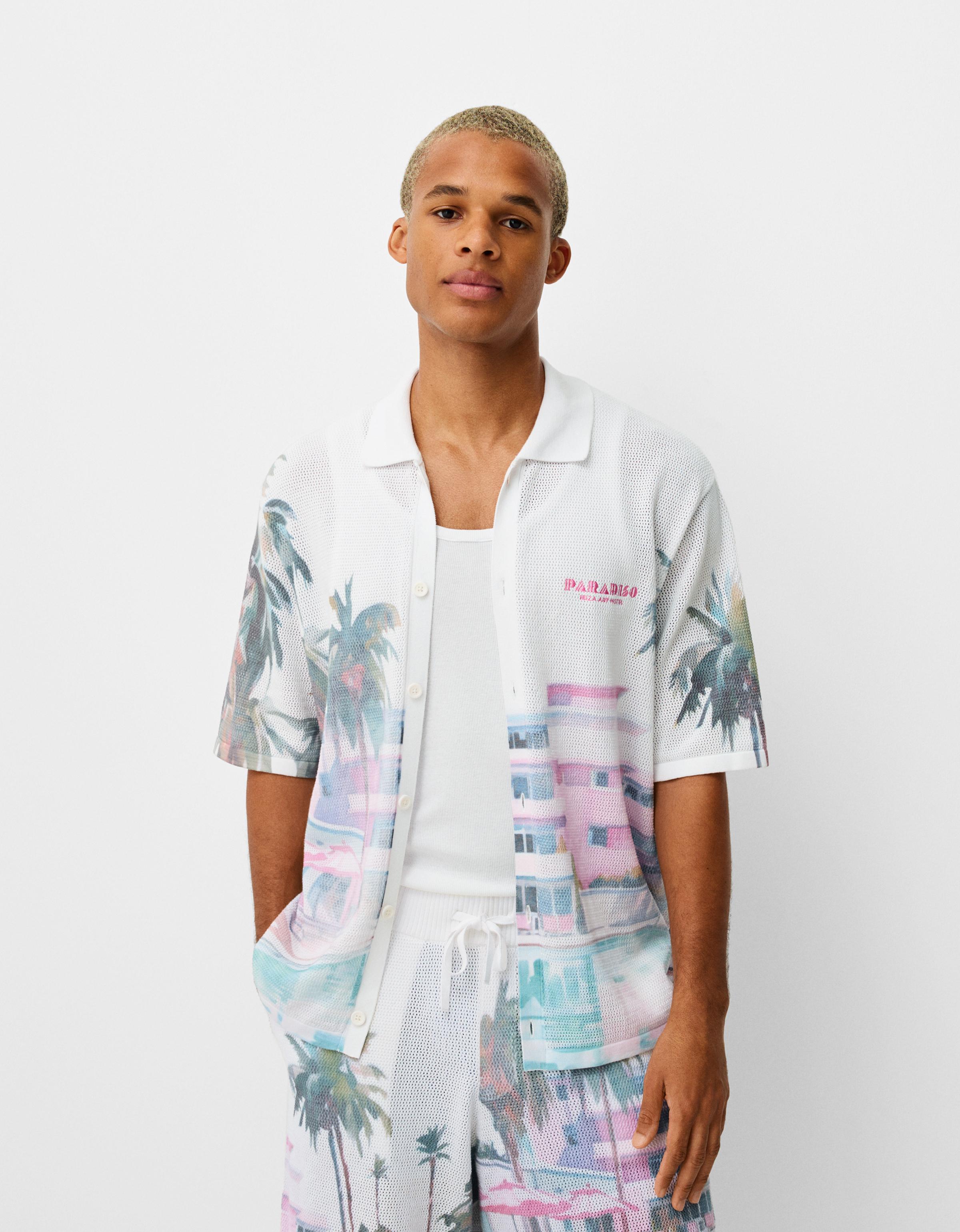 Bershka Hemd Bershka X Paradiso Mit Kurzen Ärmeln Und Print Herren S Grbrochenes Weiss