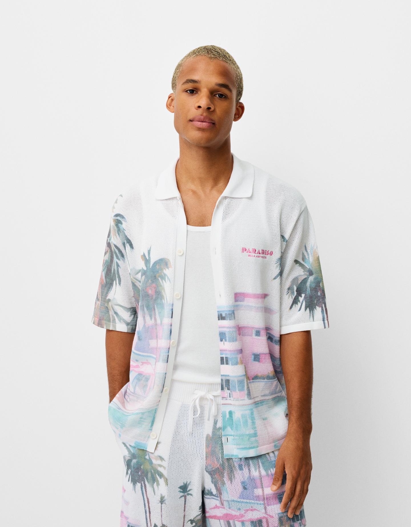 Bershka Hemd Bershka X Paradiso Mit Kurzen Ärmeln Und Print Herren L Grbrochenes Weiss