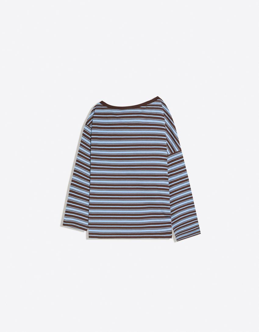 Asymmetric neck long sleeve print T-shirt-Light blue