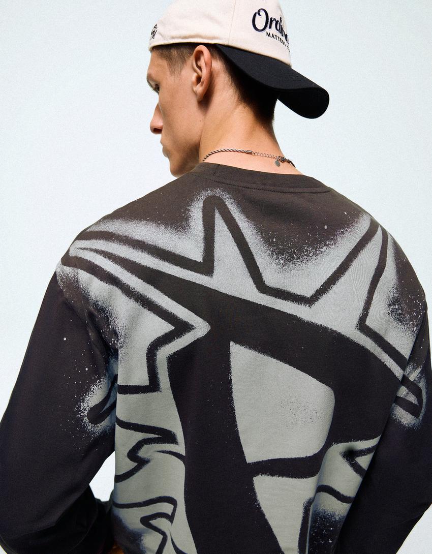 Long sleeve print T-shirt-Grey