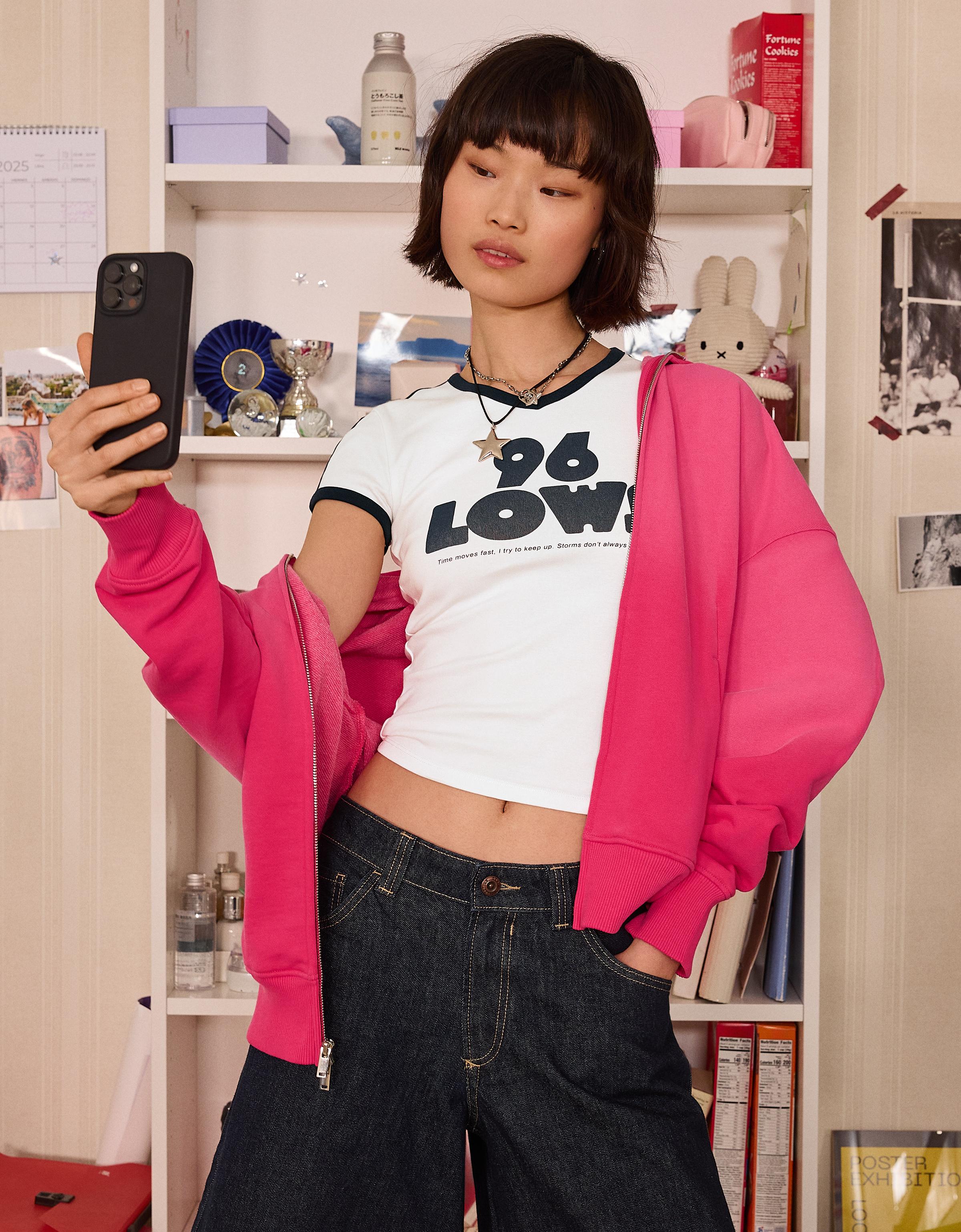 Bershka Camiseta Manga Corta Contraste Print Mujer L Blanco Roto