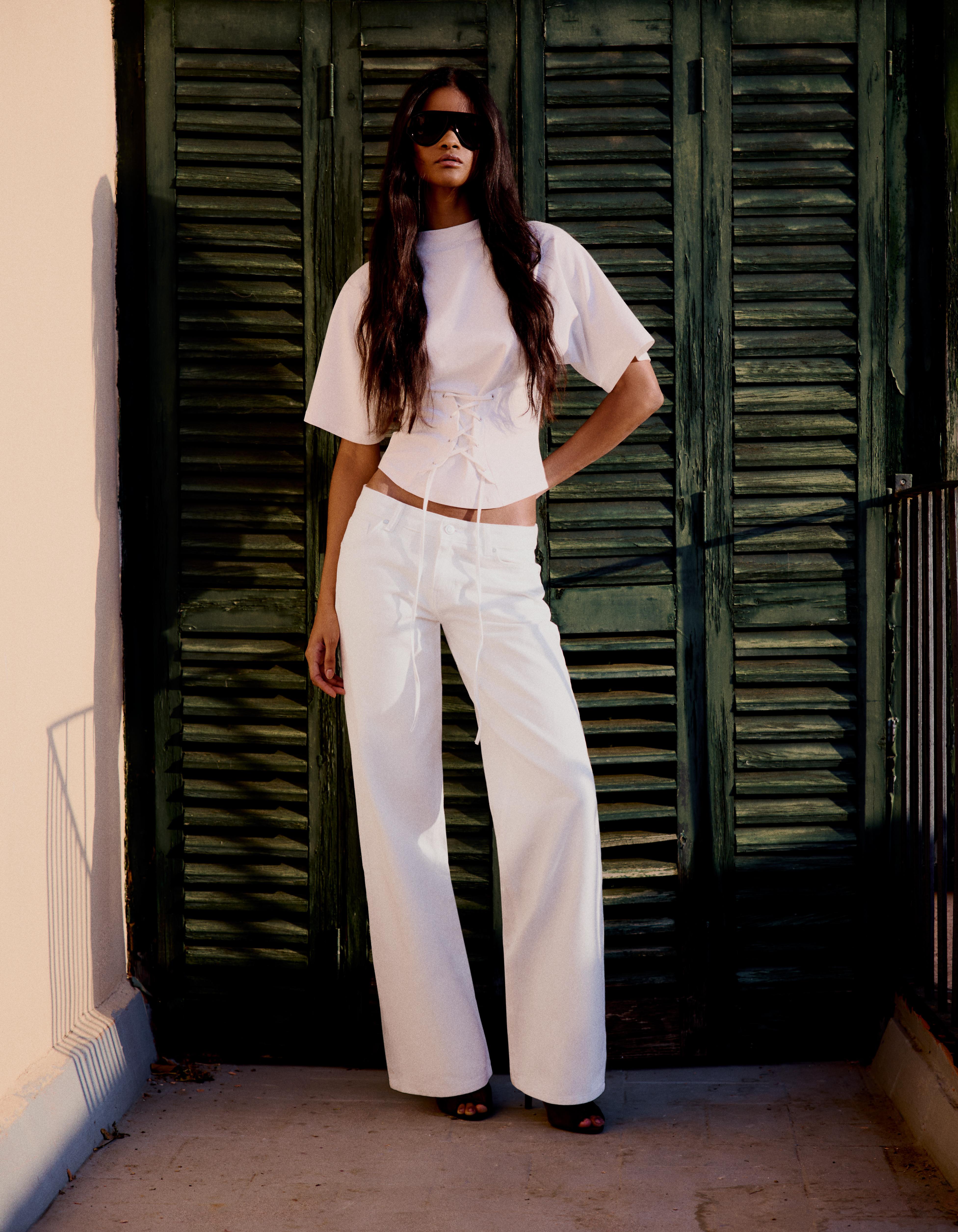 Bershka Jeans Straight Tiro Bajo Mujer Blanco