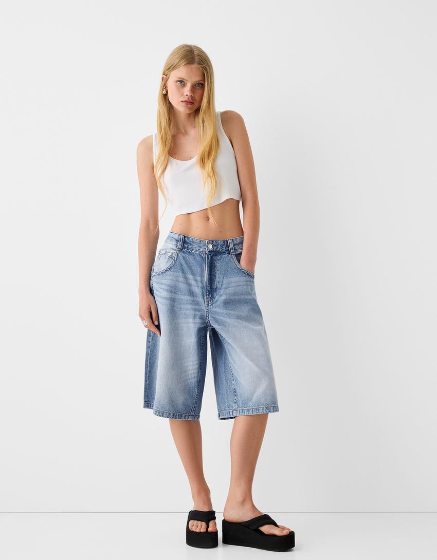 Bermuda denim super baggy broderie-Bleu lavé-4