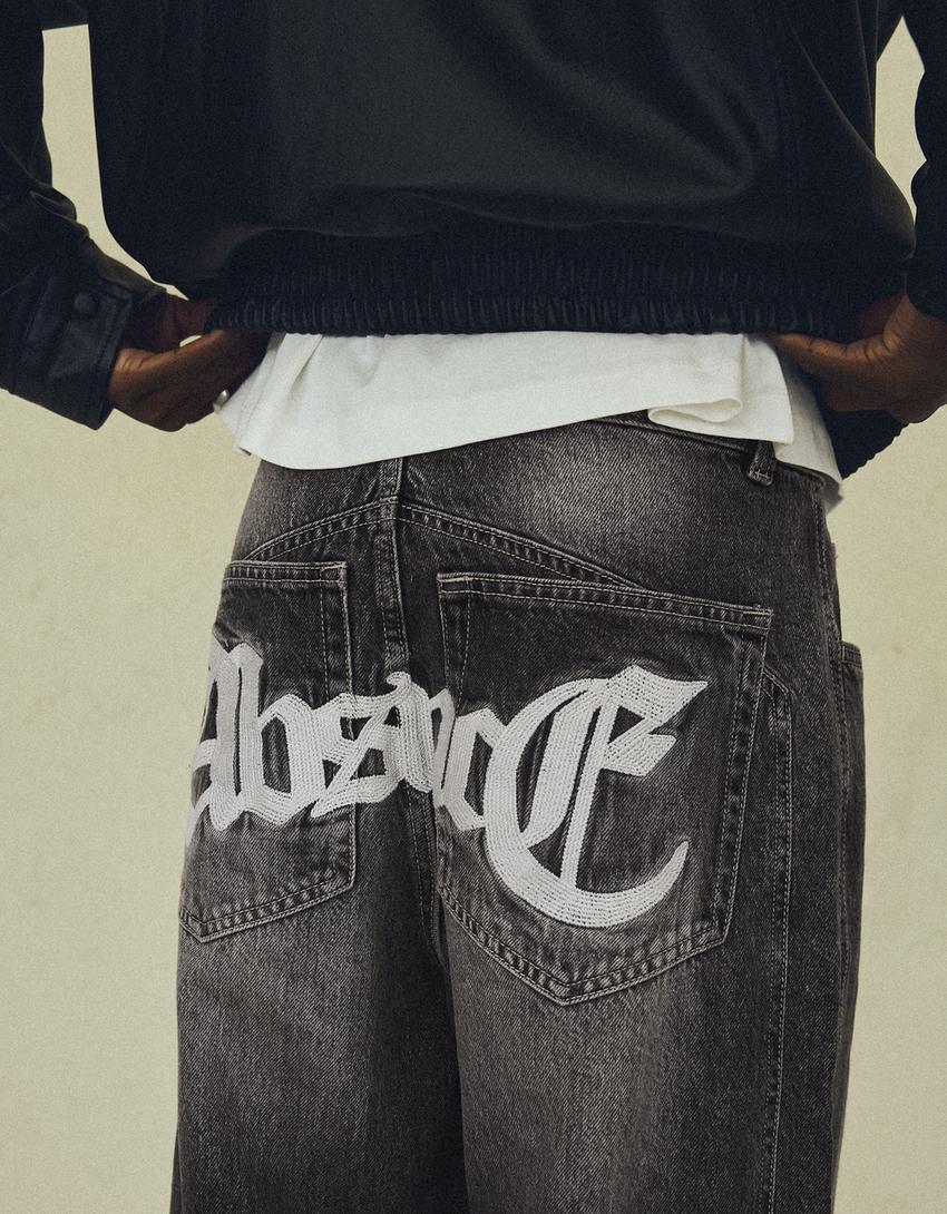 Jeans with back embroidery-Grey