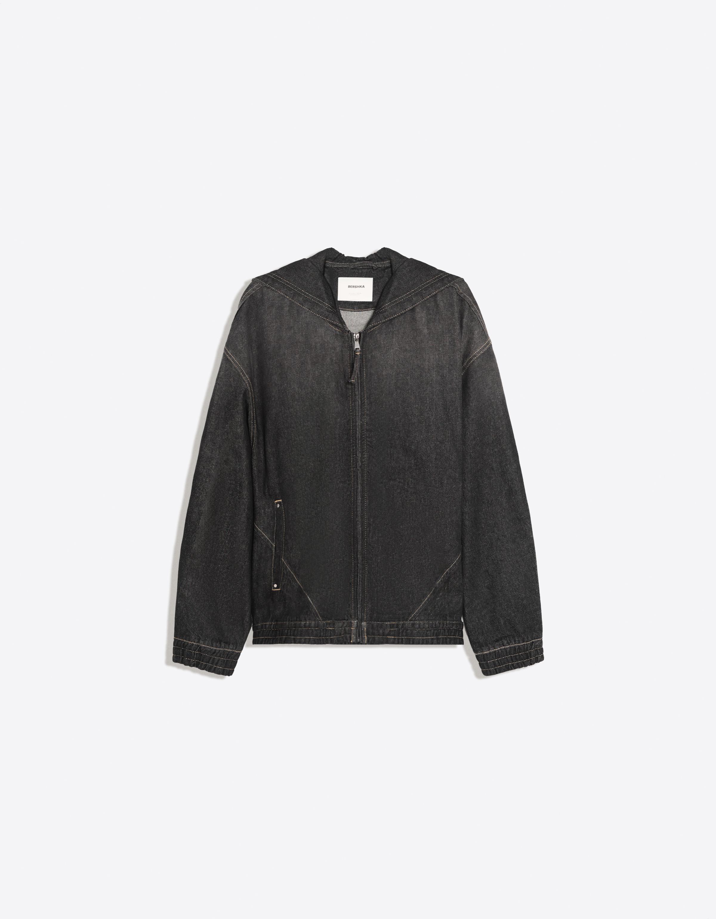 Denim jacket with hood and back embroidery — Black