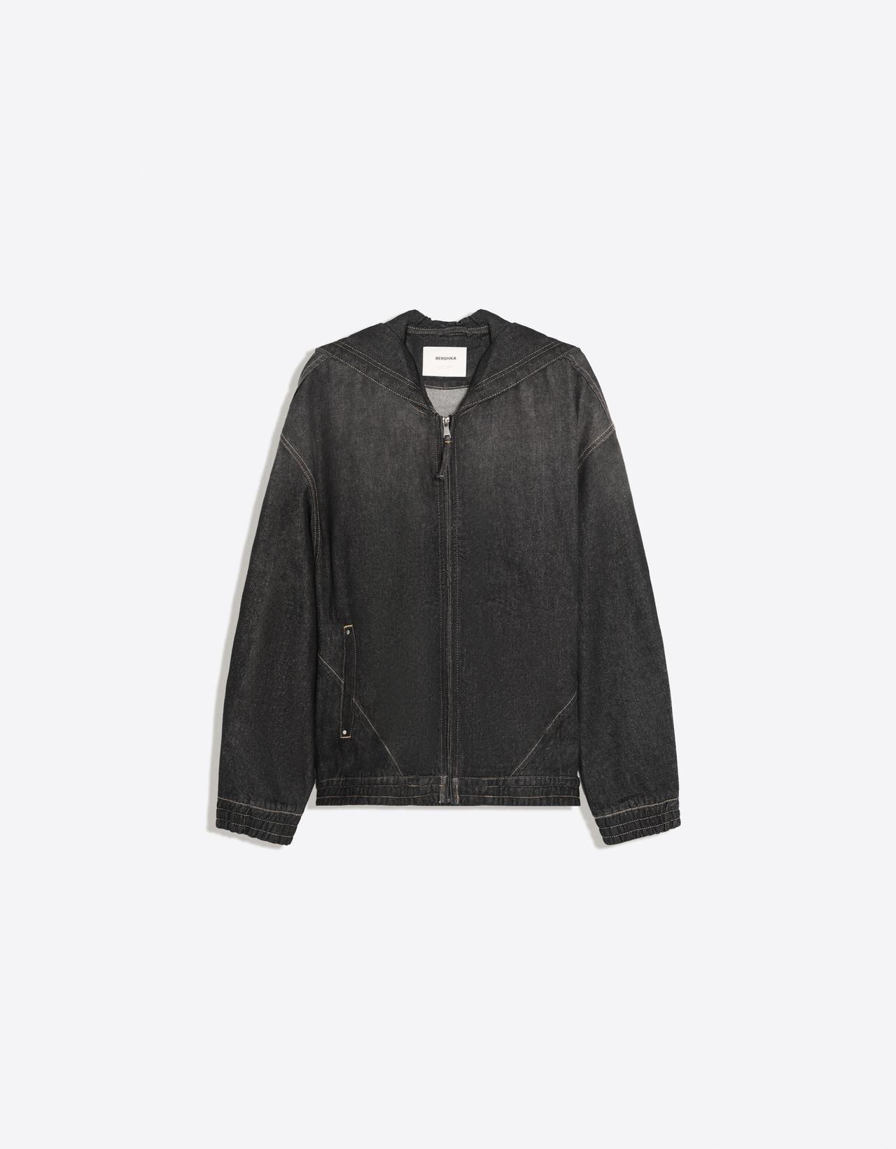Denim jacket with hood and back embroidery — Black