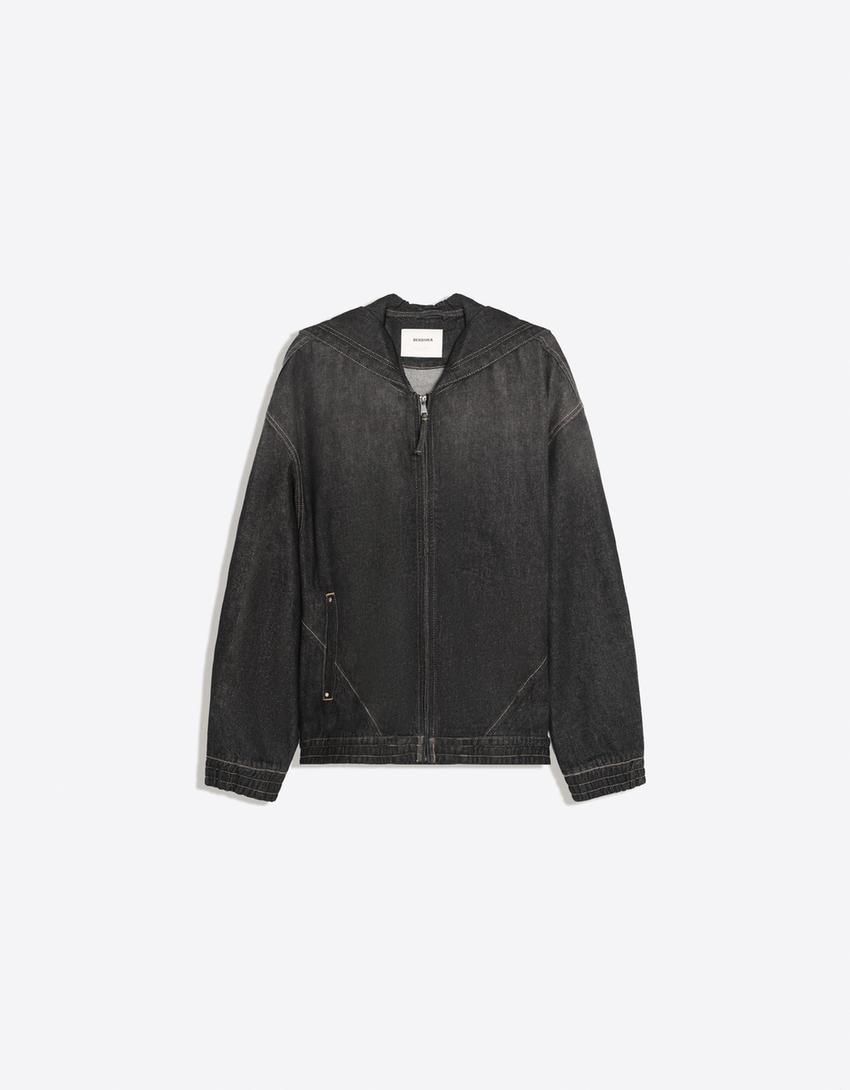Chaqueta denim capucha bordado trasero-Negro