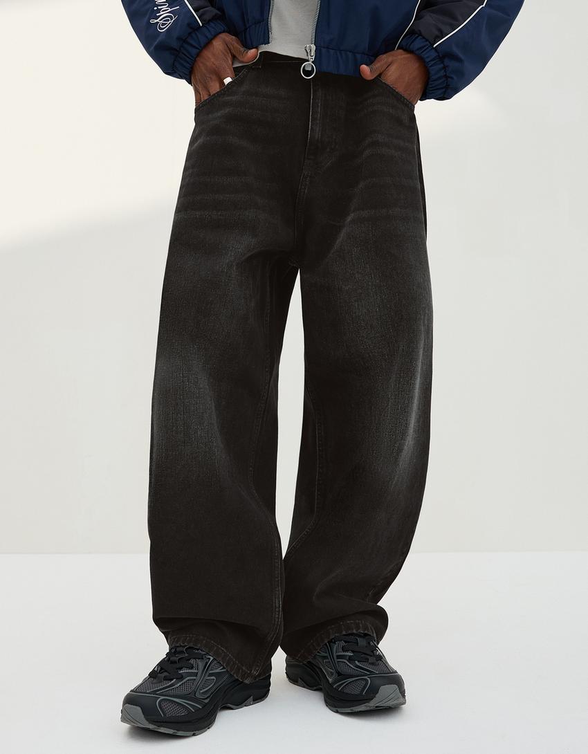 Jeans barrel fit brodé-Noir