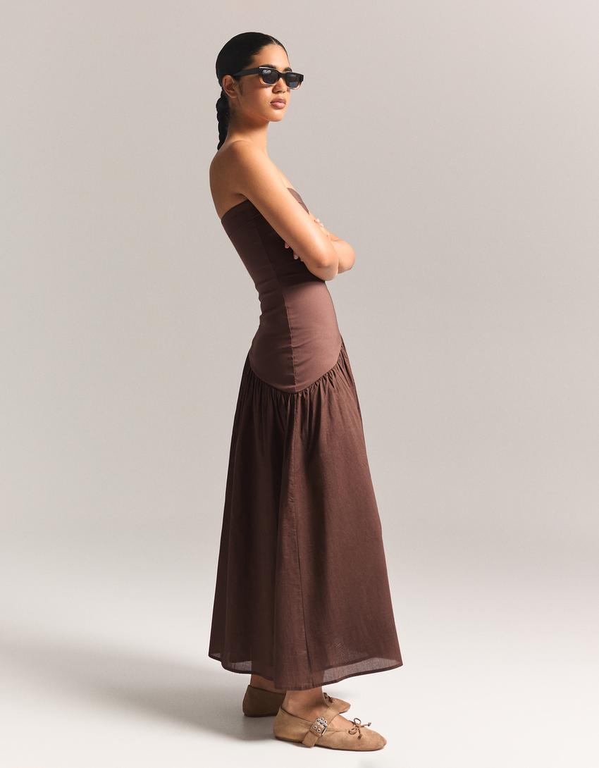 فستان ميدي بدون حمالات-بني