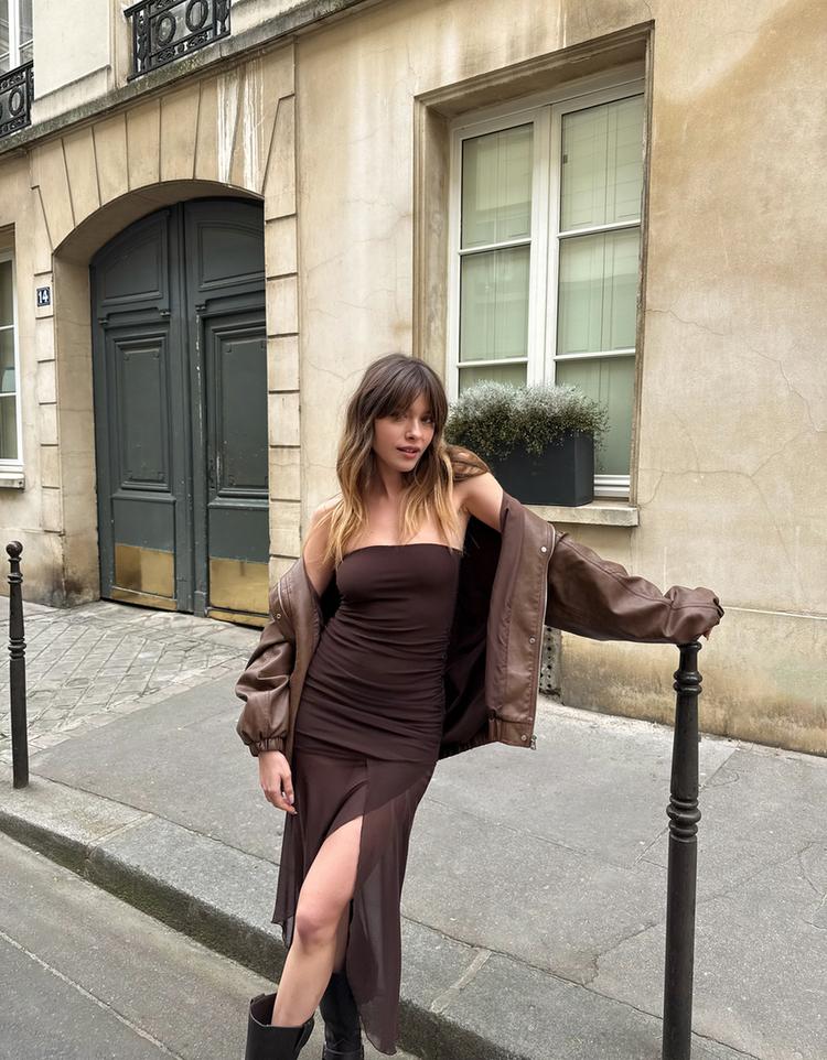 Straplez file midi elbise