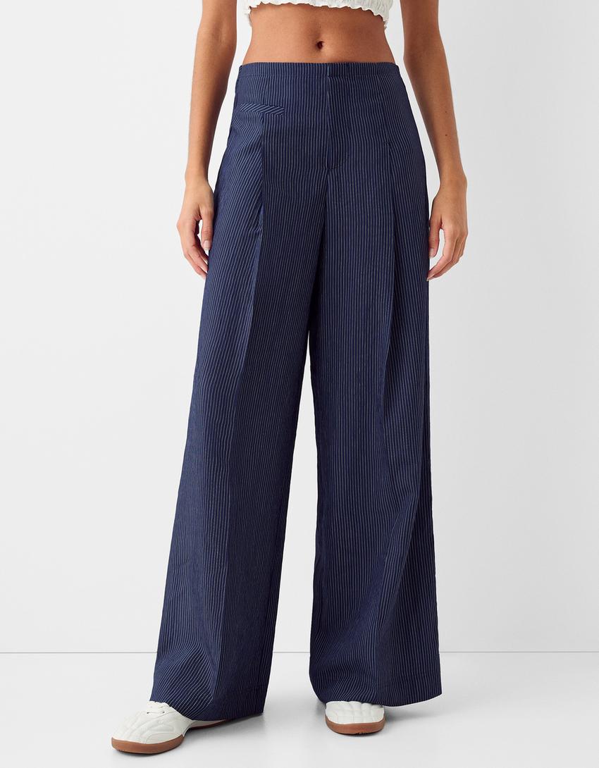 Wide-leg trousers with waistband detail-Blue-1